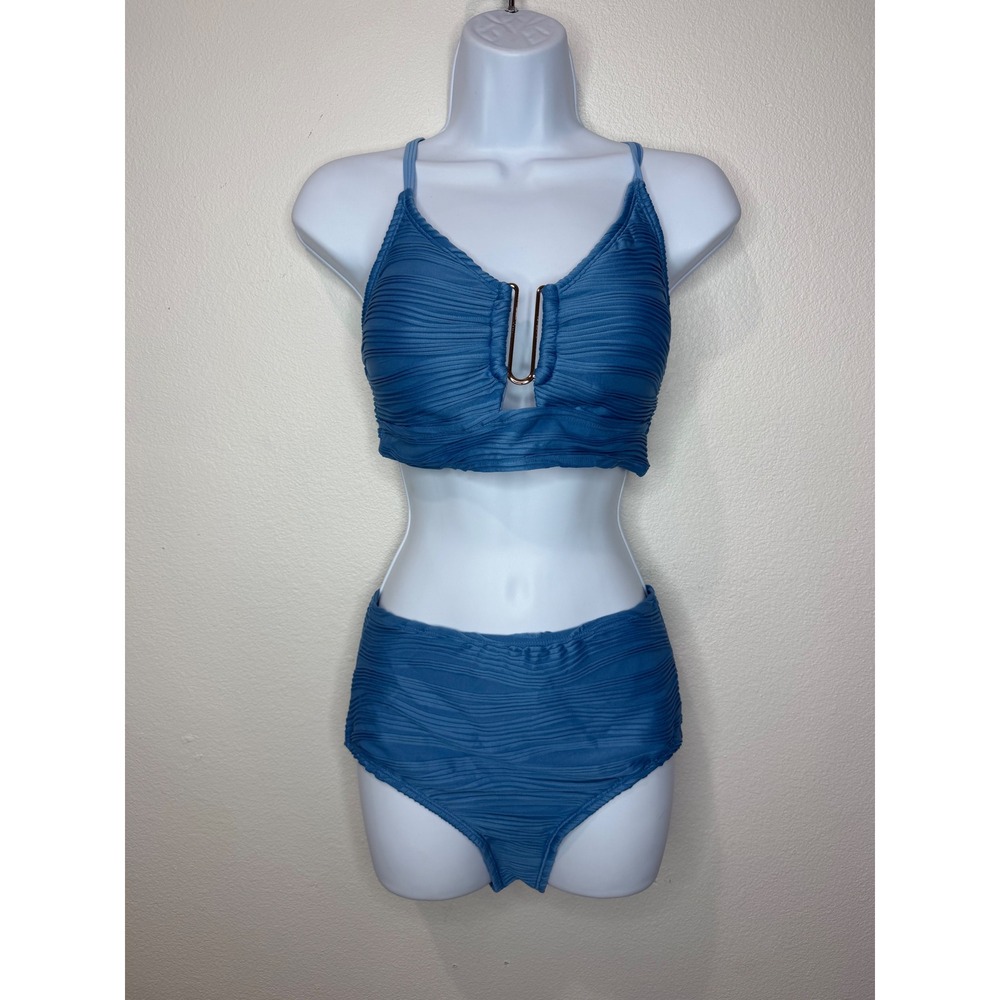 Blue Textured Ripple High Waisted Bikini Set Gold Hardware Size M - Picture 2 of 6